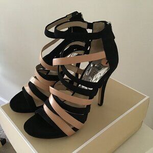 MICHAEL KORS Black/Beige Strappy Heeled Sandal features MK Logo Zipper Size 7
